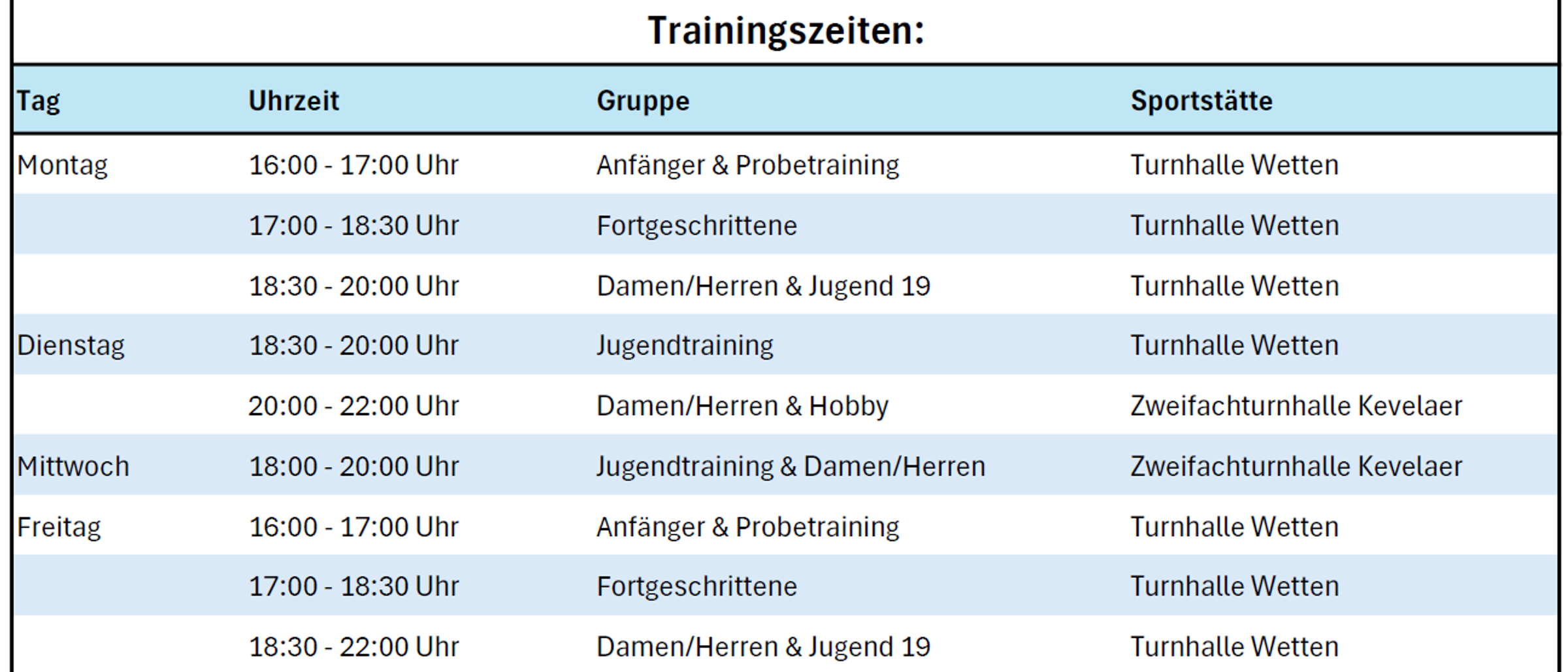 Trainingszeiten der Tischtennisabteilung – montags & freitags sind Kinder herzlich zum Schnuppertraining eingeladen! Einfach in Sportsachen kommen – Schläger stellen wir zur Verfügung!